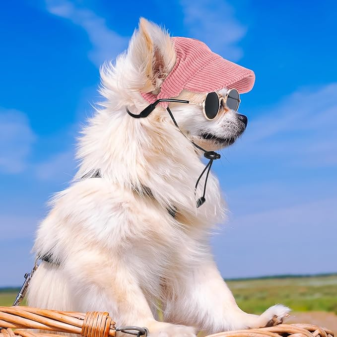 Jadive Small Dog Sun Hat with Ear Holes, Dog Cat Sunglasses with Anti-Slip Silicone Rope Baseball Cap Adjustable Puppy Sunbonnet Headdress Beach Visor Hat for Puppies Summer Outdoor(Pink)