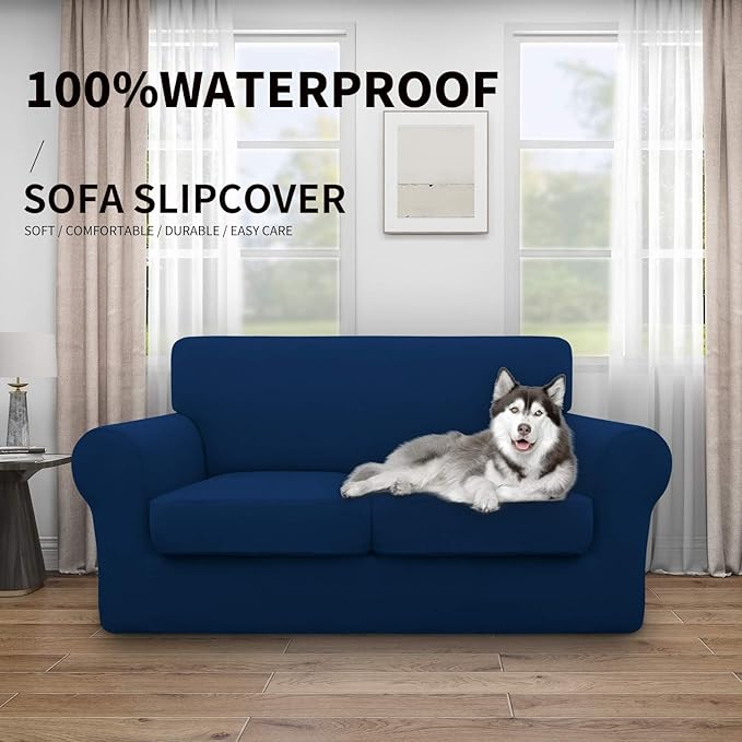 Easy-Going 100% Dual Waterproof 3 Pieces Loveseat Cover Stretch Soft Couch Cover for Dogs, Sofa Slipcover for 2 Separate Cushion Couch Leakproof Furniture Protector for Kids, Pets Navy