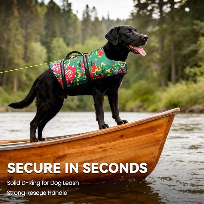 VIVAGLORY Rip Stop Dog Life Vest, Swimming Vest with Handle, Buoyancy for Doggy Puppy, Dog Life Jacket for Swimming & Boating, XL, Northeast Florals-Green