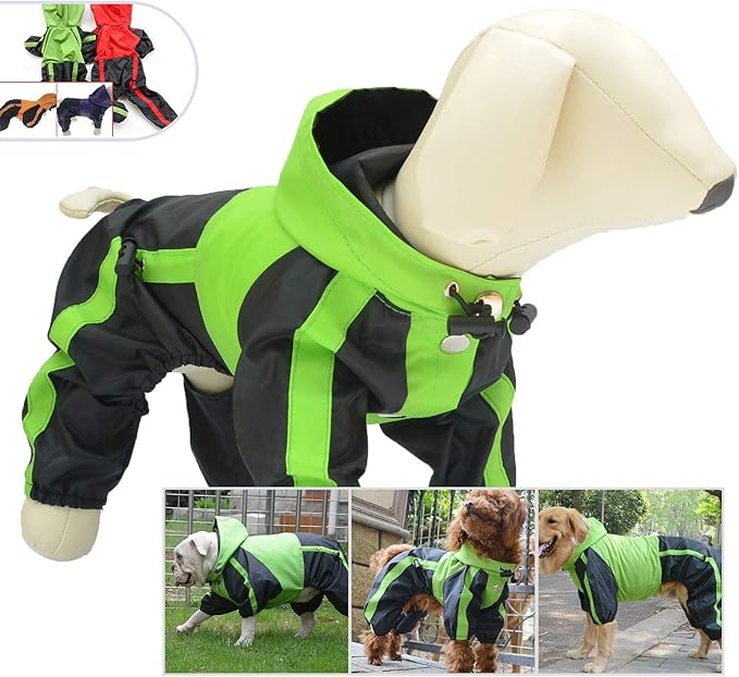 Lovelonglong American Bully Pitbull Dog Hooded Raincoat, Bulldog Rain Jacket Poncho Waterproof Clothes with Hood Breathable 4 Feet Four Legs Rain Coats for Pugs English French Bulldog Green B-XL