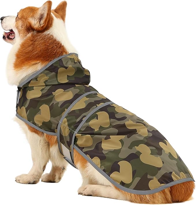 Dog Raincoat for Large Dogs Waterproof Jacket Hooded Rain Coats with Reflective Strips Leash Hole & Poncho Adjustable Fit (CamoDuck,L)