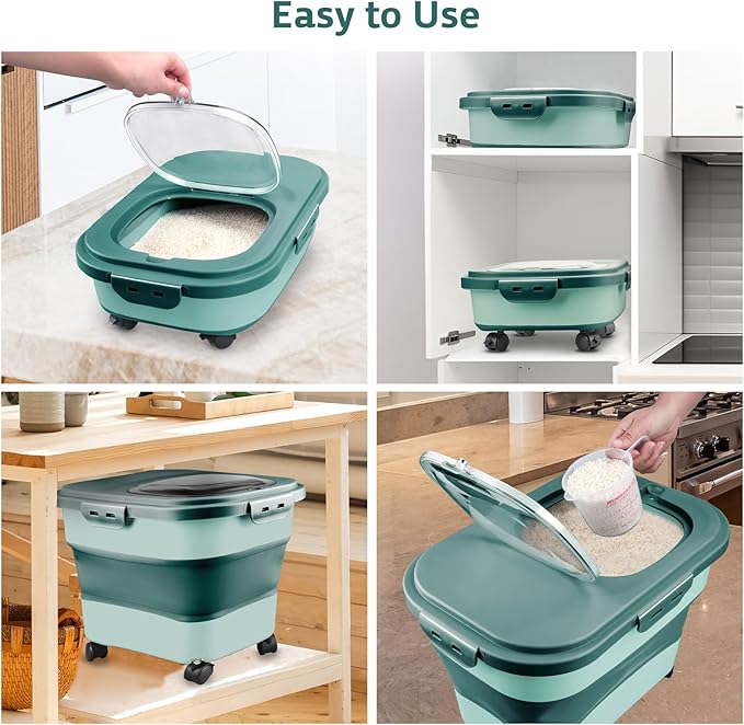 Rice Storage Containers, Collapsible 20 to 30Lbs Food Storage Bin Dispenser with Rolling Wheel and Clear Airtight Lid, BPA Free Flour, Sugar, Cereal and Dog Cat Pet food Containers
