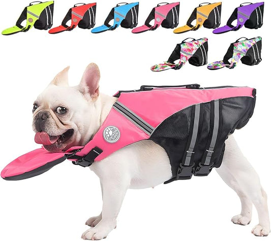 Dog Life Jacket, French Bulldog Life Vest for Swimming Boating, Dog Swim Vest with Chin Float and Rescue Handle, High Flotation Puppy Life Jackets (Chest Girth: 17" to 30", Weight: 17" to 28" LB)