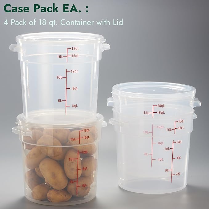CURTA 18 Quart Translucent Round Food Storage Container with Lid, Pack of 4 – NSF Listed, BPA-Free, Commercial-Grade Polypropylene, Freezer & Dishwasher Safe, Non-Stick, Easy-Read Graduations