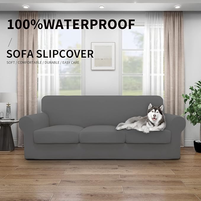 Easy-Going 100% Dual Waterproof 4 Pieces Stretch Soft Couch Cover for Dogs, Sofa Slipcover for 3 Separate Cushion Couch Leakproof Furniture Protector for Kids, Pets Gray