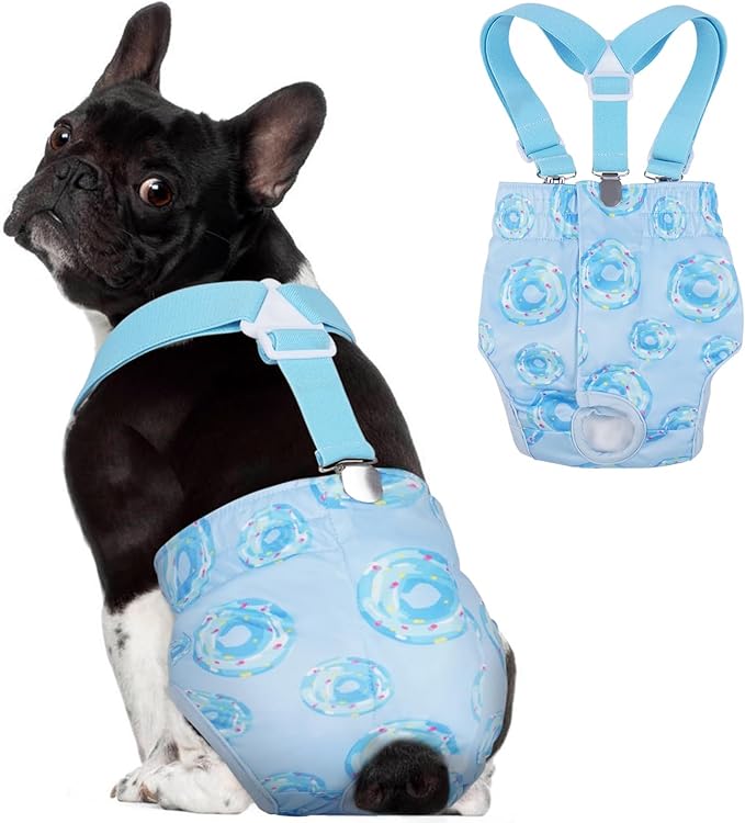Washable Dog Diapers Female, Reusable Large Female Dog Diaper with Suspender, Highly Absorbent Doggie Diapers in Heat Cycle Period Incontinence, French Bulldog, Shiba Inu (Blue L)