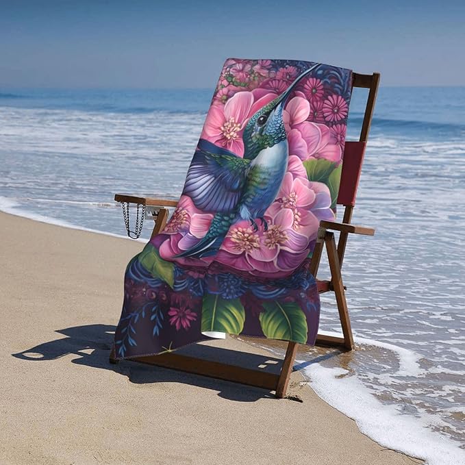 Floral Bird Beach Towel 31inx51in, Hummingbird Sand-Free Microfiber Bath Towel Ultra Soft Quick Dry Pool Towel Absorbent Towel Lightweight Towel for Swimming Bathroom Decor