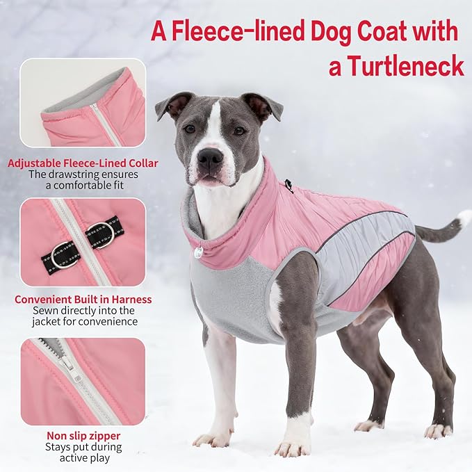 Dog Coats for Large Dogs with Harness Built in, Waterproof Dog Jacket Warm Pet Winter Coat Snowsuit for Cold Weather, Reflective Fleece Windproof Jacket, Pink, U-LDMF02XXL