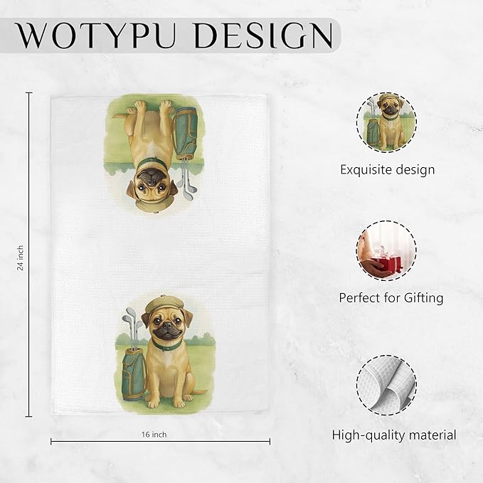 Funny Golf Pug Gifts Kitchen Towels, Dog Gifts for Women Men, Gifts for Pug Lovers Dish Tea Towels, Golf Lovers Gift Decorative Hand Towel for Bathroom, 16x24 Inch