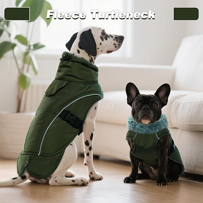 DENTRUN Winter Warm Dog Coat Reflective Jacket with Turtleneck for Cold Weather, Adjustable Buckle Windproof Water Repellent, Thick Snowsuit Fleece Vest for Small, Medium, Large Dogs, Green, S
