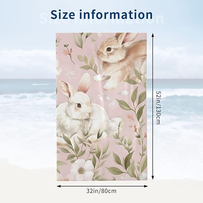Floral Bunny Beach Towel 31inx51in, Rabbit Sand-Free Microfiber Bath Towel Ultra Soft Quick Dry Pool Towel Absorbent Towel Lightweight Towel for Swimming Bathroom Decor