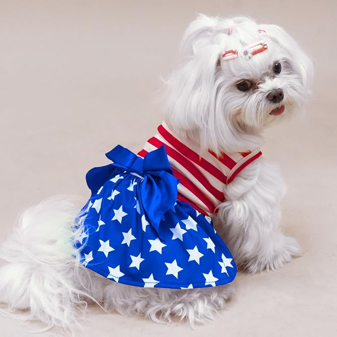 PUPTECK Print Dog Dress Pet Apparel for 4th of July with Cute Bowtie Puppy Clothes Outfit, Flag, S