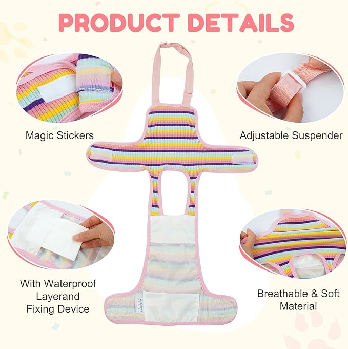 Dog Diaper Suspenders Female Striped Sanitary Pantie with Adjustable Suspenders, Washable Dog Period Panties Physiological Pants, Dog Period Onesie Pet Breathable Jumpsuits(Rainbow Pattern, L)