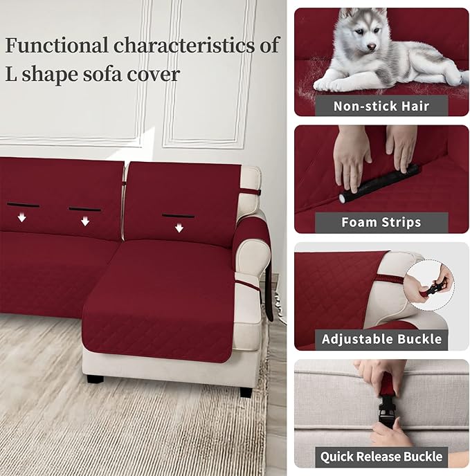 Easy-Going Waterproof Sectional Couch Covers with Chaise 2-Piece Non Slip L Shape Sofa Cover for Dogs Leakproof Furniture Protector Cover with Adjustable Strap for Pets (Small, Christmas Red)