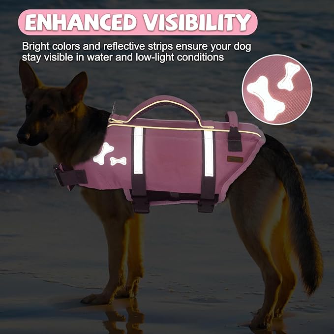 EMUST Dog Life Preserver, Good Visibility Dog Flotation Vest for Swimming Beach Boating Kayaking, Pet Water Vest for Medium Dogs, SakuraPink, M