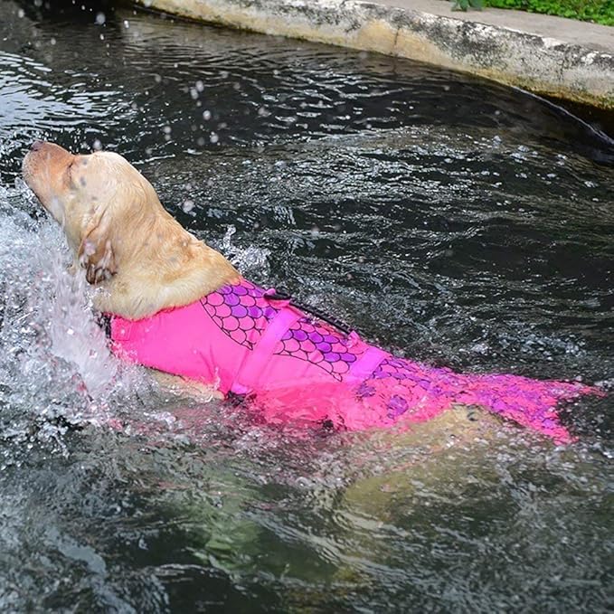 Queenmore Dog Life Jacket Ripstop Shark Dog Safety Vest Adjustable Preserver with High Buoyancy and Durable Rescue Handle for Small,Medium,Large Dogs, Pink Fish X-Small