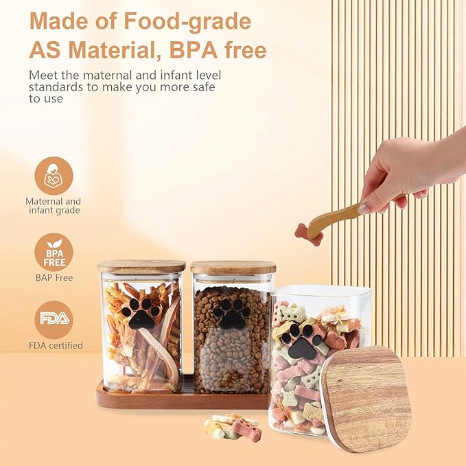 Morezi Dog Treat Container airtight Treats jar for countertop Closet Dog Food Storage 3 Jars with Tray Great for organizing pet Dogs Cats Birds Animal Food Treats Snack Khaki Bar