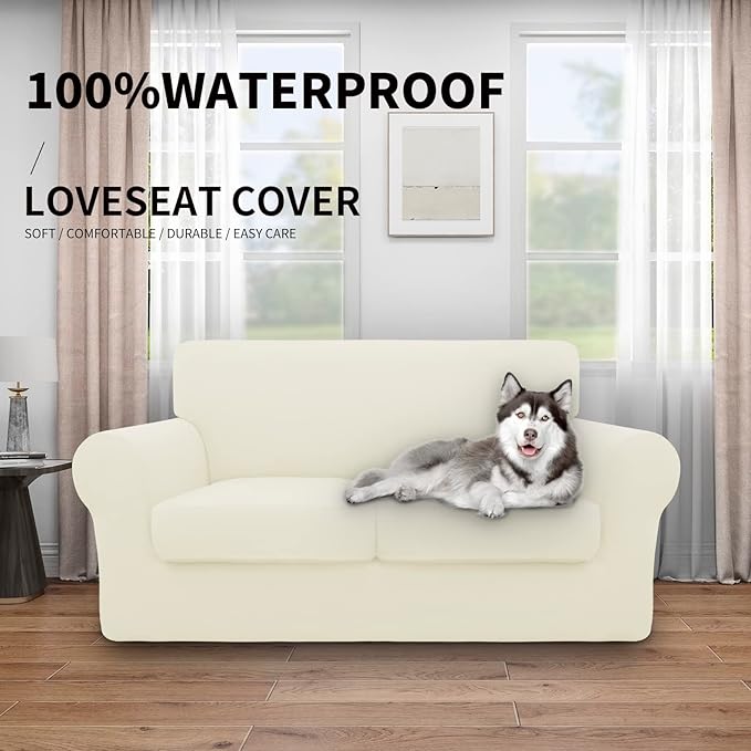 Easy-Going 100% Dual Waterproof 3 Pieces Loveseat Cover Stretch Soft Couch Cover for Dogs, Sofa Slipcover for 2 Separate Cushion Couch Leakproof Furniture Protector for Kids, Pets Ivory