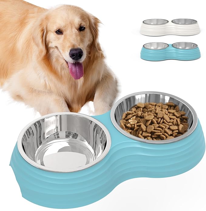 Stainless Steel Dog Bowls Set, Double Food & Water Bowls for Dogs, Dual Dog Food Bowl with 2 Small (6oz*2) Bowl, Non-Slip Pet Bowls Suitable for Puppies, Kittens and Small Breed Dogs (Blue)