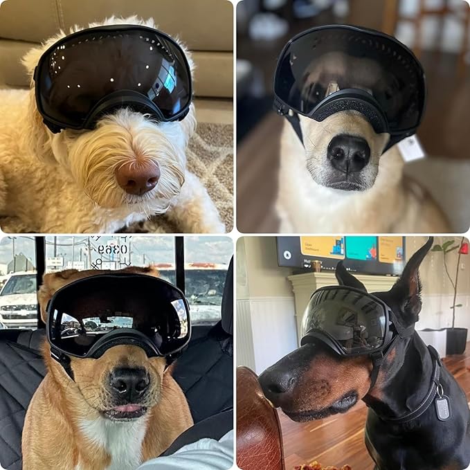PETLESO Dog Goggles for Large Breed, Dog Sunglasses Medium Large Breed Wide View Pet Eye Protection with Adjustable Straps for Driving Riding Hiking, Black Lens