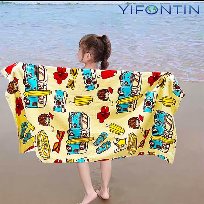YIFONTIN Kids Beach Towel Velour Terry Blanket Throw 100% Cotton Super Soft Absorbent 25.5X51 inches for Bath Swimming Sports Camping Holiday Picnic, Bus Coconut Parasol Lounge Audio Player.