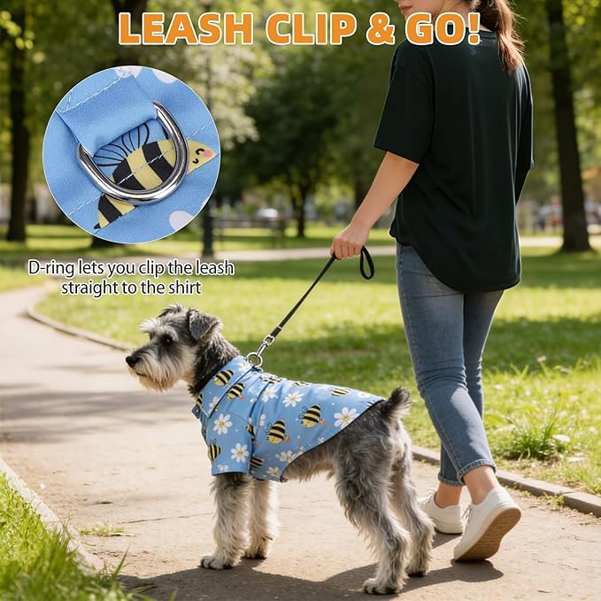 KOOLTAIL Spring Dog Shirt with Leash D-Ring, Soft Pet Botton Up Summer Beach Clothes for Small Medium Dogs, Breathable Puppy Polo Outfit with Sun & Insect Protection, Indoor Outdoor, Boy&Girl, Blue SM
