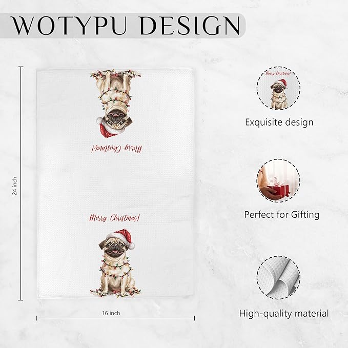 Pug Christmas Kitchen Towels, Pug Gifts for Women Men Dish Tea Towels, Dog Lover Gifts Decorative Hand Towel for Bathroom, Christmas Bathroom Decor, 16X24 Inch