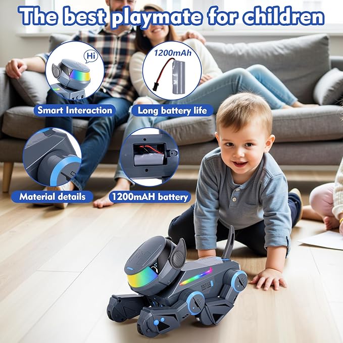 Smart Robot Dog Toys for Kids-Interactive Programmable RC Puppy with LED Eyes,Music & Dance,Touch & Voice Control,USB Rechargeable Robotic Pet,Gifts for Boys & Girls Ages 3-12 (Grey)