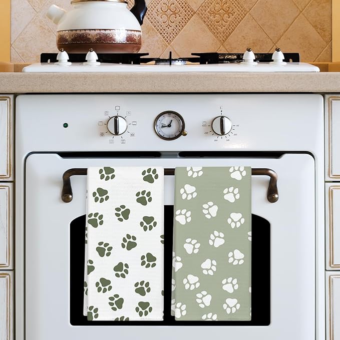 Sage Green Dog Paw Print Kitchen Towels and Dishcloths Set of 2, Cute Decorative Hand Towel Drying Cloth for Bathroom, Gifts for Dog Lovers, Hostess, Women, 16x24 Inches -19