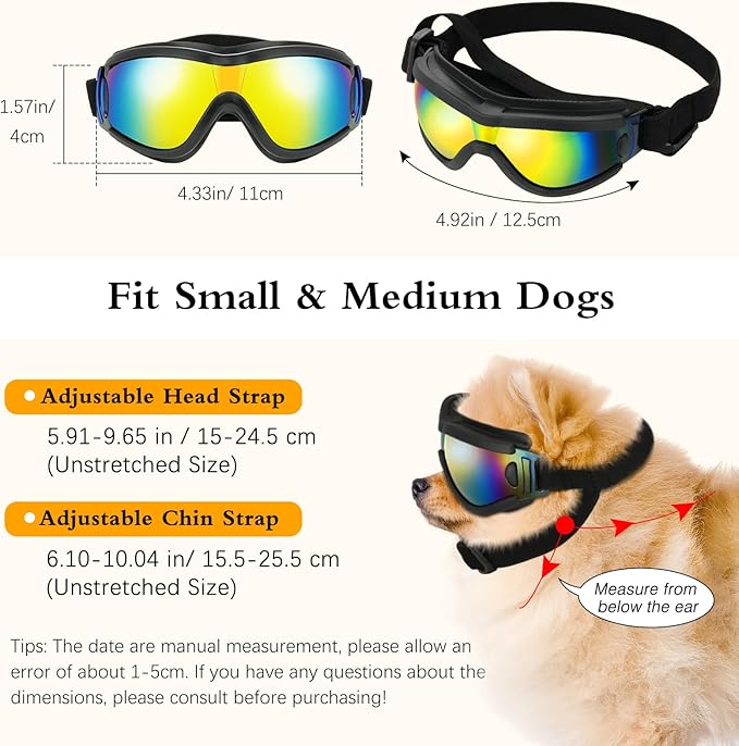 Lewondr Dog Goggles Small to Medium Breed, Dog Sunglasses with Adjustable Straps & Air Vents, UV/Wind/Dust/Fog/Snow Proof Dog Eye Protection Sunglasses for Outdoor Driving Riding, Black