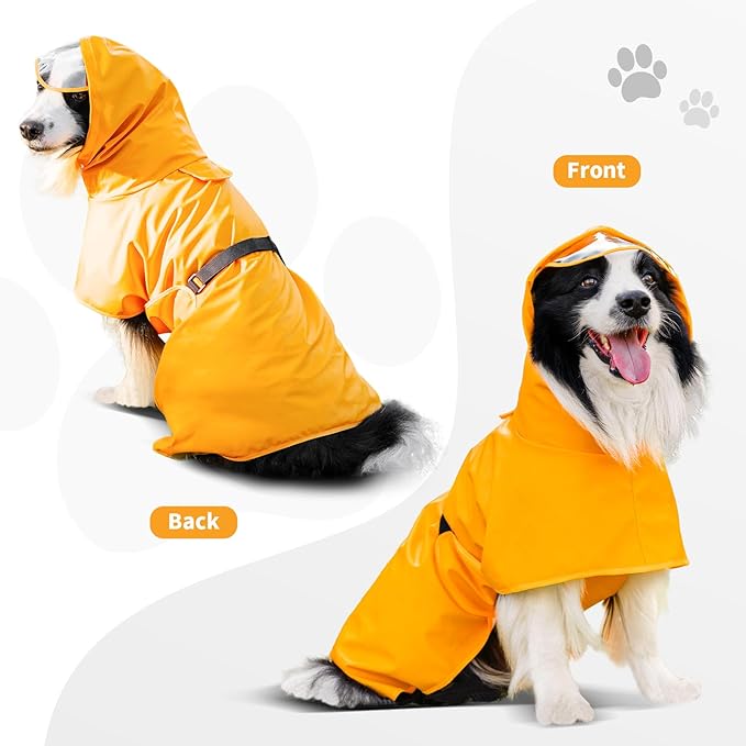 Dog Raincoat, Waterproof Windproof Dog Rain Jacket with Hood, Rain Coat with Leash Hole, Adjustable Raincoat Poncho for Small Medium Large Dogs Outdoor (Yellow, M-)