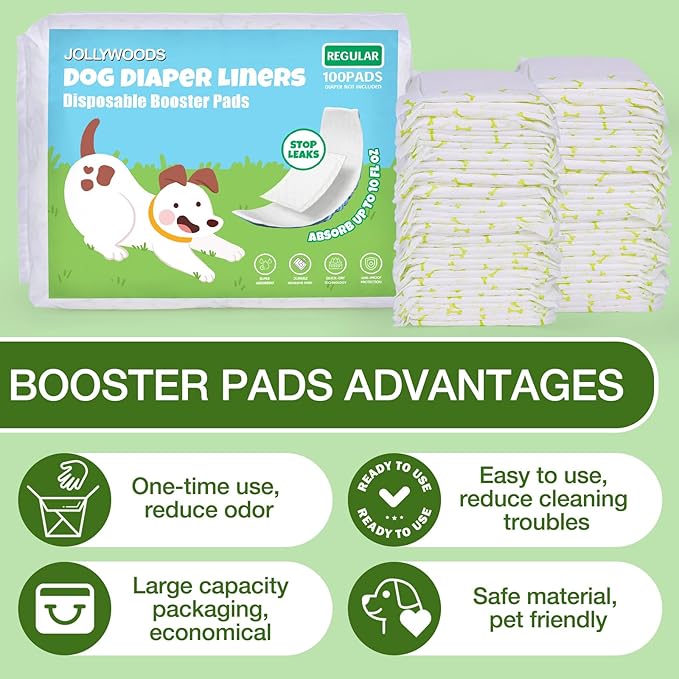 Dog Diaper Liners Booster Pads for Male & Female Dogs, Disposable Doggie Diaper Inserts Fit Dog Belly Bands and Male Wraps, Super Absorbent and Leakproof Long-100Count