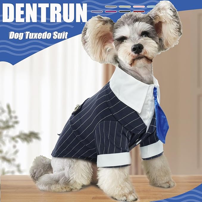 DENTRUN Navy Blue Dog Tuxedo - Formal Pinstripe Pet Suit Shirt with Satin Tie, Elegant Wedding Outfit Birthday Party Attire for Siberian Husky Border Collie Large Dogs (Polyester), XL