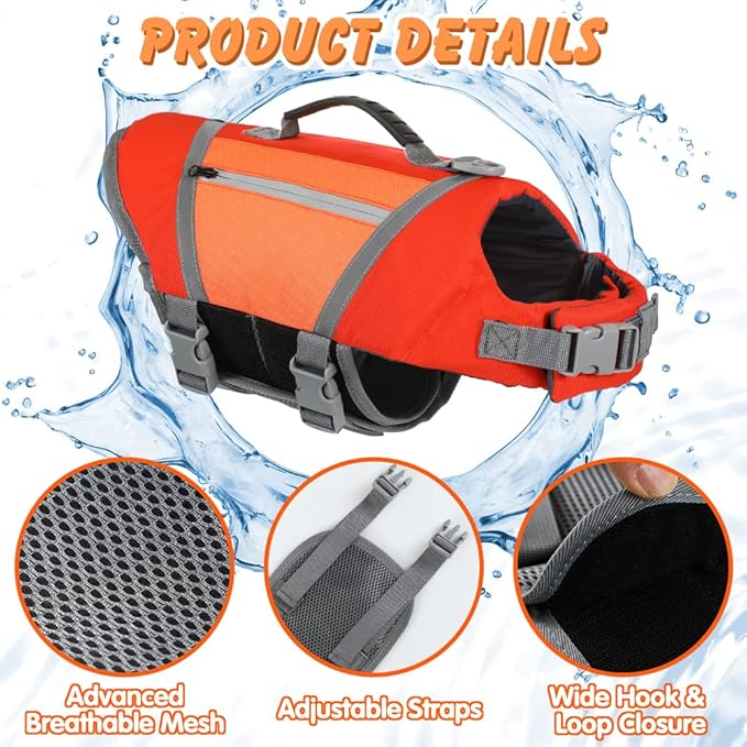 EMUST Dog Flotation Vest, High Visibility Life Vests for Dogs with High Buoyancy, Heavy-Duty Dog Life Jackets for Large Dogs with Adjustable Straps for Pugs, Boxers, Basset Hounds, Orange, L