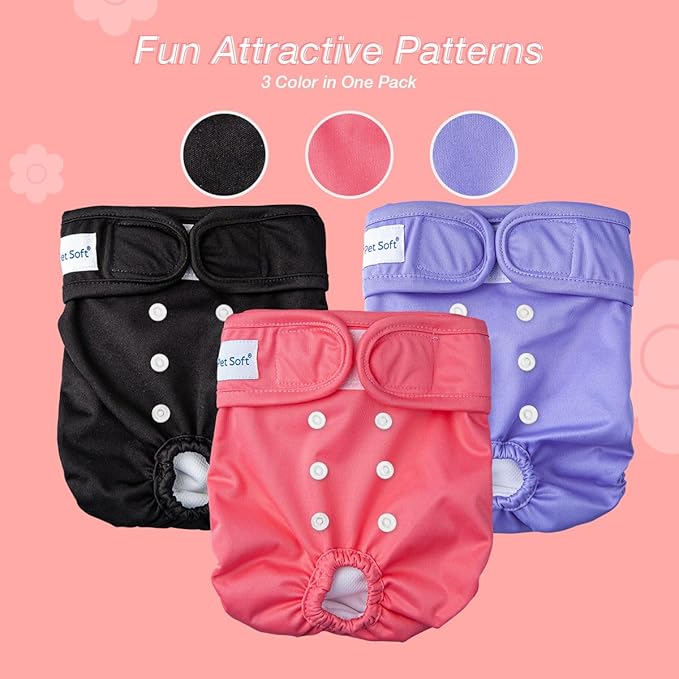 Pet Soft Washable Female Diapers (3 Pack) Female Dog Diapers, Comfort Reusable Doggy Diapers for Girl Dog in Period Heat (Sprightly, M)