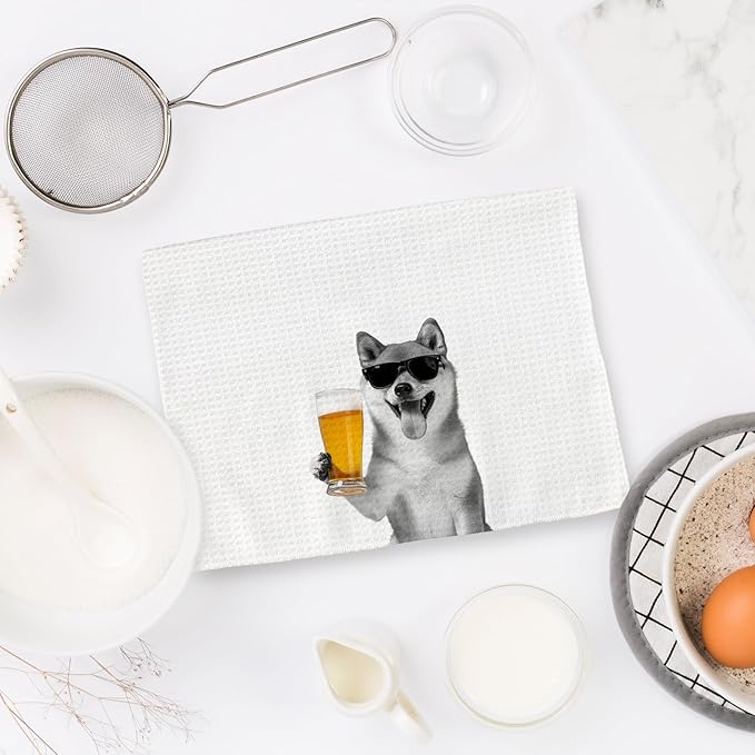 Shiba Inu Gifts Dog Wine Kitchen Towels Set of 2, Funny Dogs Beer Lover Decorative Hand Dish Towel for Kitchen Home Bar, Gift for Shiba Inu Dog Beer Wine Lovers Home Bar Decor(16x24Inch)