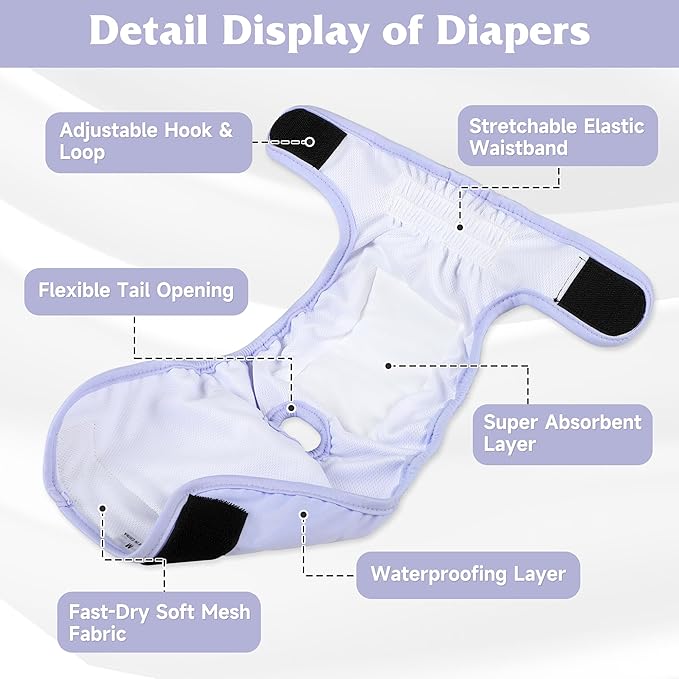 5 Pack Reusable Diapers for Doggie, Highly Absorbent Dog Diapers Female for Pet with Incontinence or Frequent Urination, Medium Dog Diapers Female, Pink & Purple