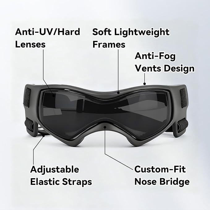 NAMSAN Dog Goggles for Small to Medium Dogs, Dog Sunglasses UV Protection for Medium Dogs Outdoor Cycling Driving, Small Doggy Glasses Dog Eye Protection, Anti-Fog Windproof, Adjustable, Cool Black