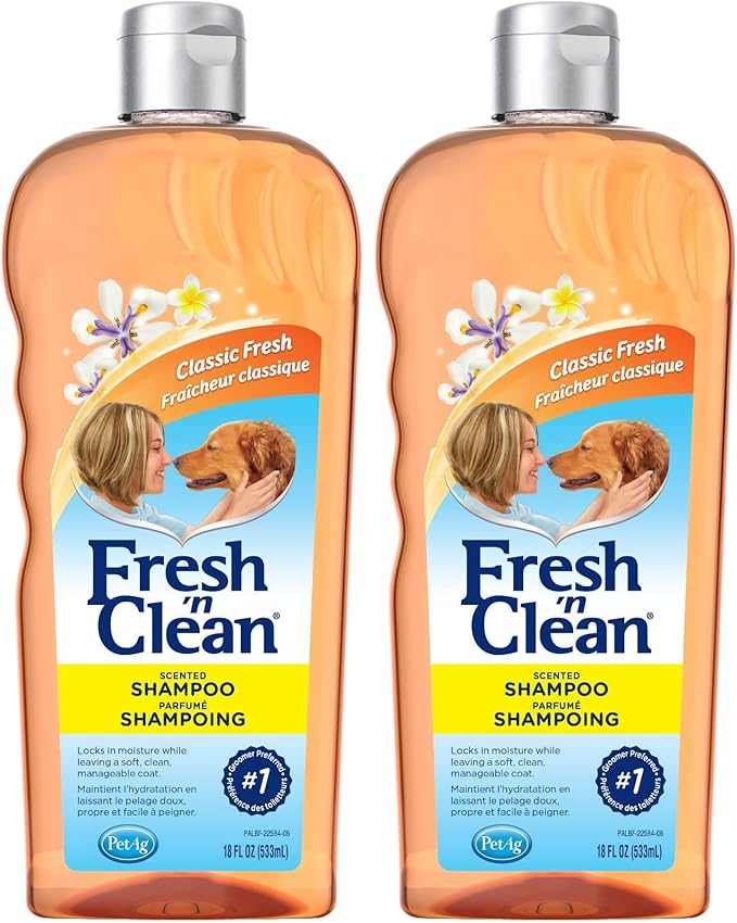 Pet-Ag Fresh ’n Clean Scented Shampoo, Classic Fresh Scent - 18 oz - Moisturizes with Vitamin E & Aloe Vera - Strengthens & Repairs Coats - Soap Free (Pack of 2)