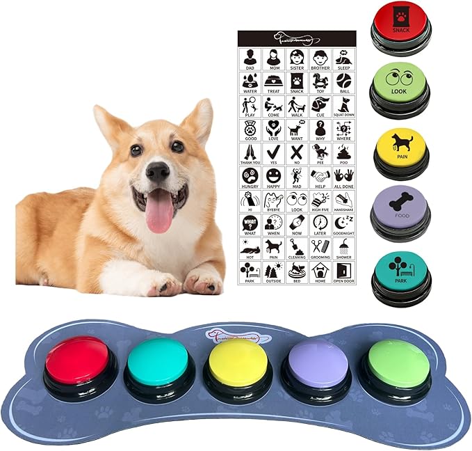 Set of 5 Color Dog Buttons with Rubber Mat for Communication,Voice Recording Button,Pet Talking Buttons,Pet Buttons,Dog Training & Behavior Aids,Train Your Dog to Voice What They Want