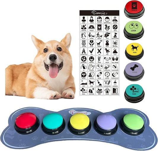 Set of 5 Color Dog Buttons with Rubber Mat for Communication,Voice Recording Button,Pet Talking Buttons,Pet Buttons,Dog Training & Behavior Aids,Train Your Dog to Voice What They Want