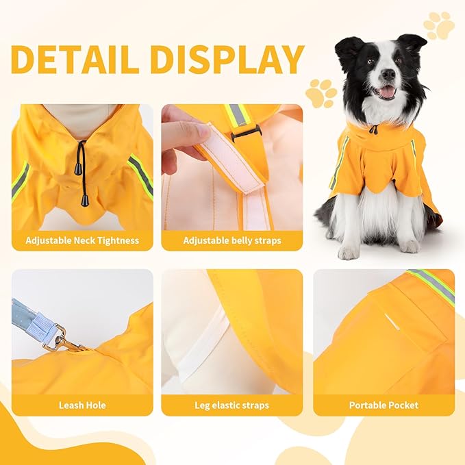 Dog Raincoat, Waterproof Windproof Dog Rain Jacket Adjustable, Rain Coat with Leash Hole, Reflective Strap Raincoat Poncho for Small Medium Large Dogs Outdoor (Reflection-Yellow, XS)