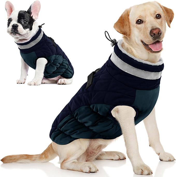 AOFITEE Dog Coat, Warm Dog Winter Coat, Reflective Cold Weather Dogs Puffer Jacket with Harness Built in, Waterproof Pet Fleece Vest Snowsuit for Small Medium Large Dogs, Navy L