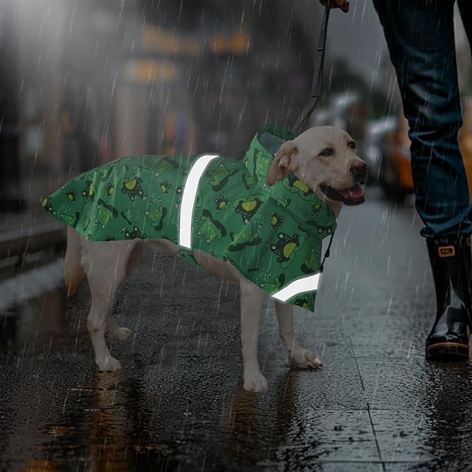 DELIFUR Large Dog Raincoat - Waterproof Dog Rain Poncho Adjustable Double Layer Rain Jacket with Hood for Medium Large Dogs Designed with Leash Hole Reflective Strip(Green Frog, XXX-Large)