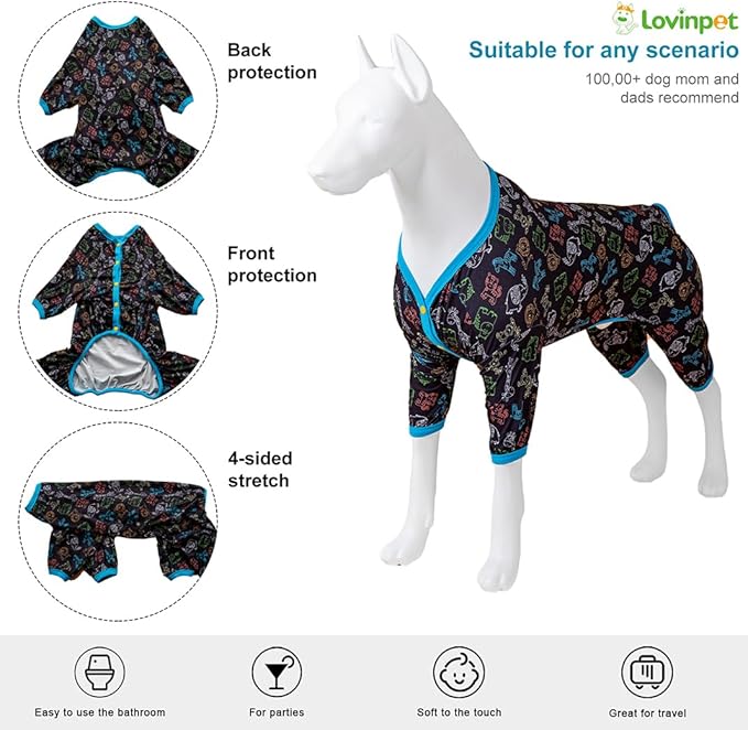 LovinPet Doberman Pajamas for Dog, Lightweight Stretchy Fabric, Jungle Friends Grey Print, Uv Protection Shirt, Easy to Wear Large Dog Pjs, Onesies for Dogs, Pajamas for Pitbulls, 3XL