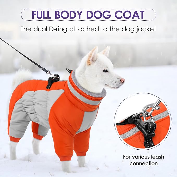 SUNFURA Full Body Dog Coat - Warm Fleece Jacket for Large Dogs, Turtleneck Winter Coats with Harness, Reflective Dog Snowsuit Windproof Puffer Jackets with Legs for French Bulldog, Orange L