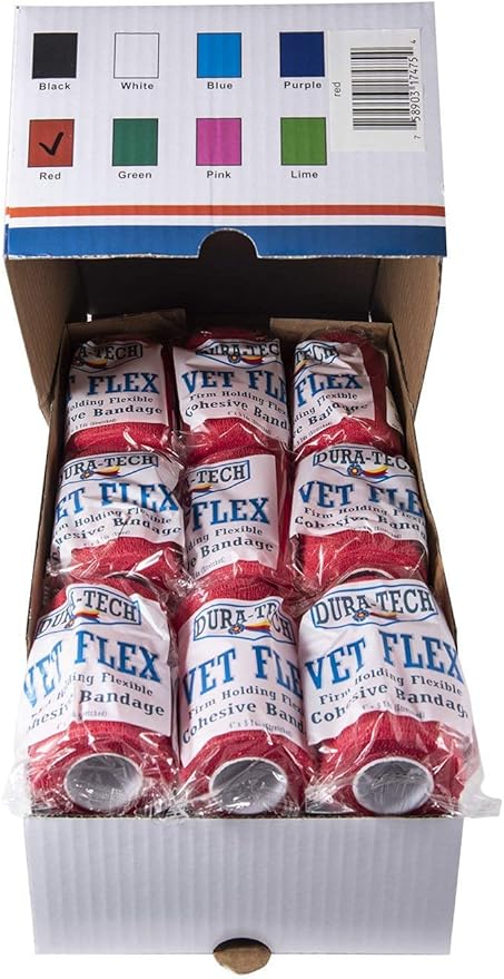 Dura-Tech Vet Flex Red Bandage First Aid Wrap | for Horses, Dogs and Others | Self-Adhesive Cohesive Tape | 4” Wide and 5 Yards of Length | Package of 18 Rolls