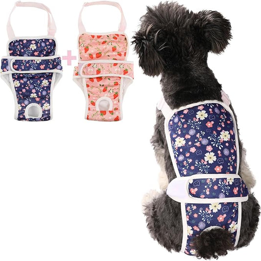 2 Pcs Dog Diaper Suspenders Female, Washable Dog Panties for Dogs with Cute Print, Escape Proof Dog Underwear Diapers, Reusable Pet Sanitary Pantie for Small Medium Girl Dogs,Strawberry Flower,M