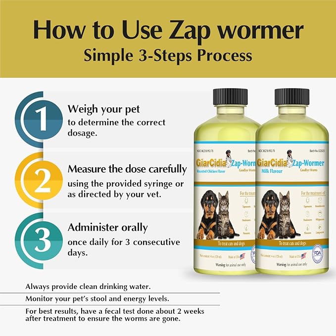 No More Worms in Cats and Dogs- Dewormer for Cats and Dewormer for Dogs - Chicken Flavour 120 mL / 4 oz Glass Bottle – Includes 3 mL Dropper with Cap