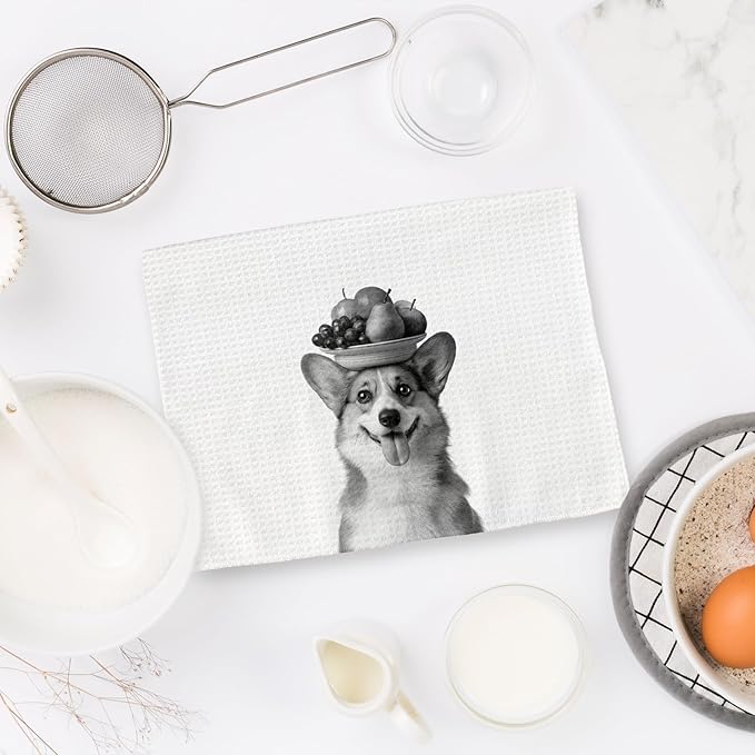 Corgi Gifts Funny Dog Kitchen Towels Set of 2, Funny Dog Eating Pasta with Fruit Bowl Decorative Hand Dish Towel for Kitchen Home Bar, Gifts for Corgi DogLovers Owners Home Decor(16x24Inch)